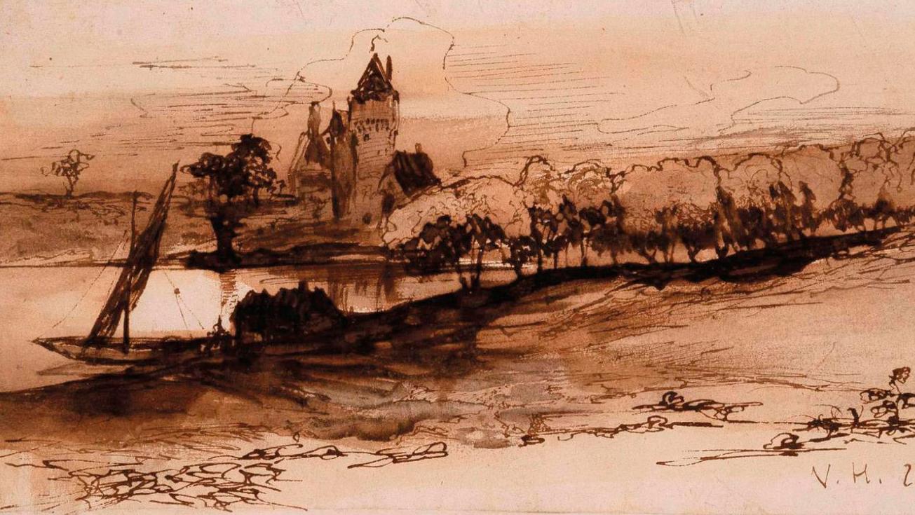 Victor Hugo (1802–1885), Paysage au burg (Landscape with Burg), 1842, brown ink wash,... Victor Hugo, Gustave Flaubert, Maupassant and Others