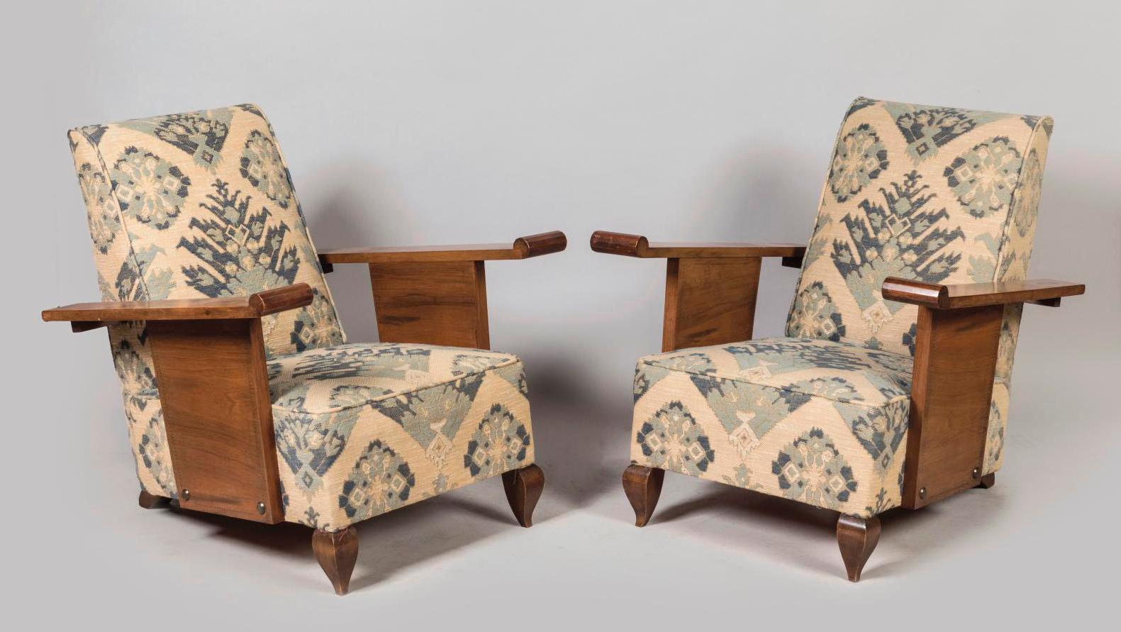 André Sornay (1902–2000), pair of low armchairs in stained light wood, two rounded-end... The Inimitable French Designer André Sornay