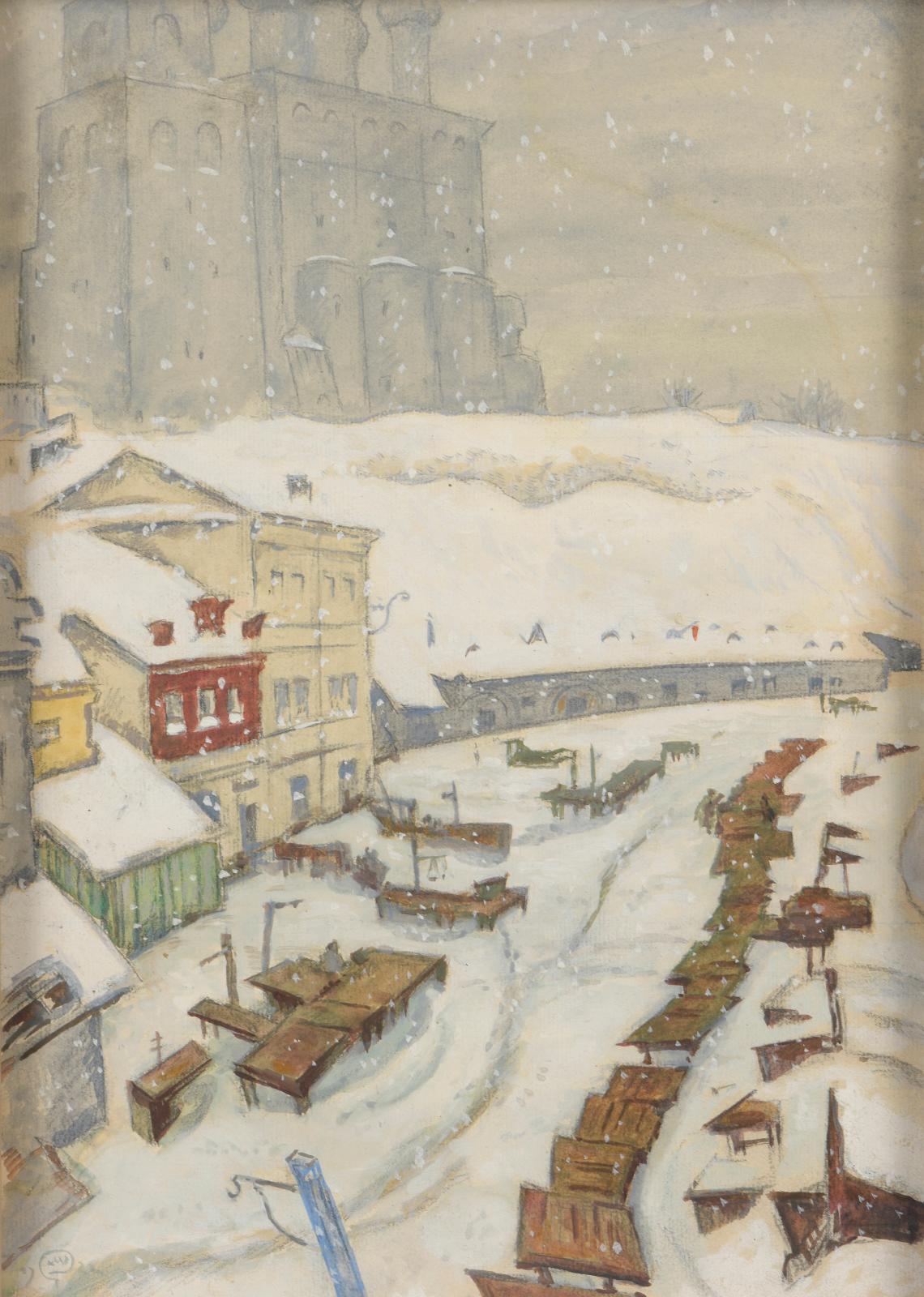 Mstislav Valerianovitch Doboujinski (1875-1957), Pskov, le marché aux poissons, 1922, aquarelle sur trait de crayon noir, gouache, monogra