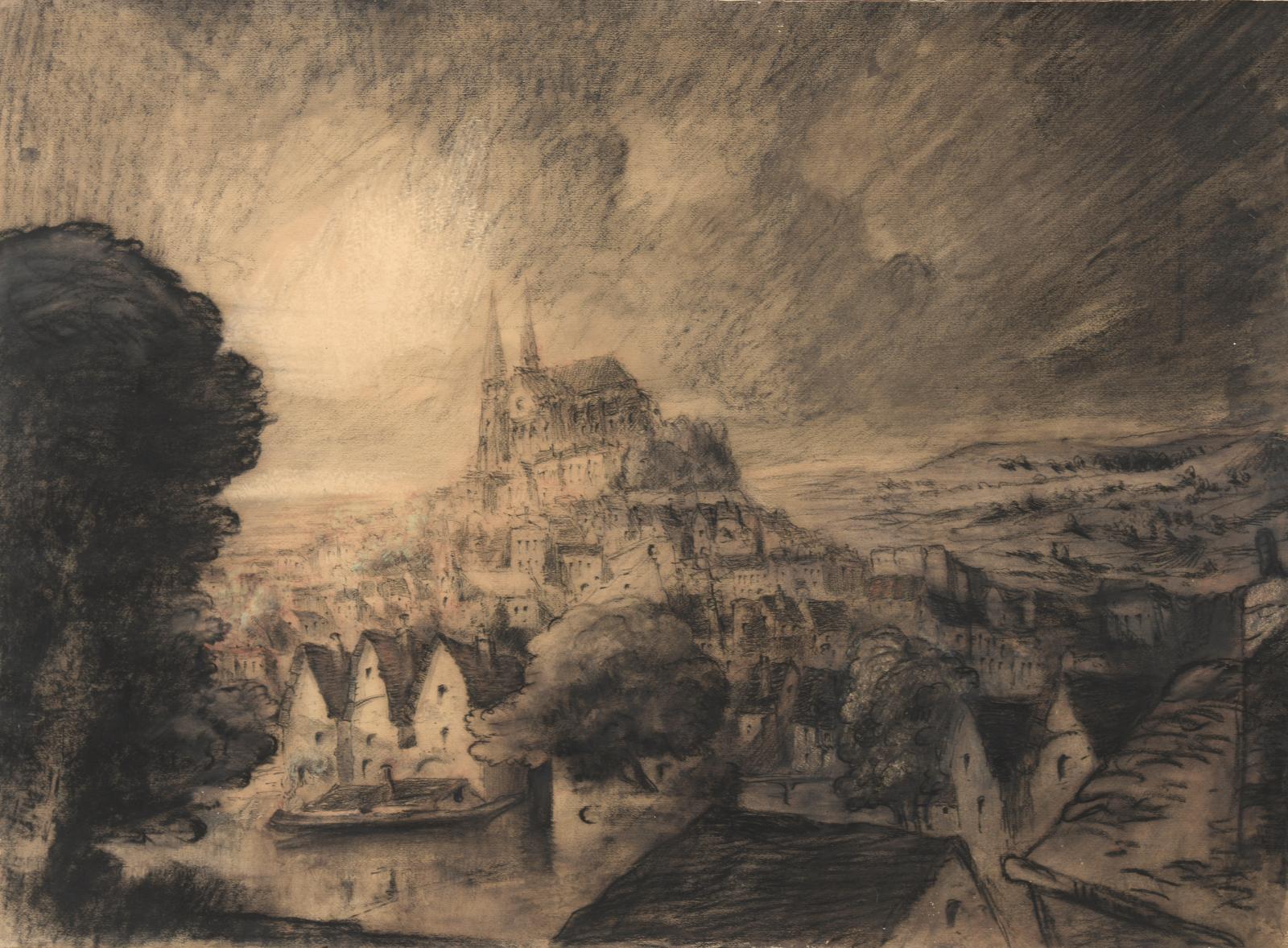 Henri Focillon (1881-1943), La Cathédrale de Chartres, fusain et craie, 52 x 71,5 cm. Estimation : 300/500 €