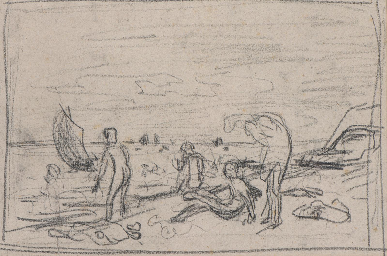 Frédéric Bazille (1841-1870), Baigneurs sur une plage, 1864 ou 1869, crayon noir, traits d’encadrement, 17 x 26 cm. Estimation : 20 000/30