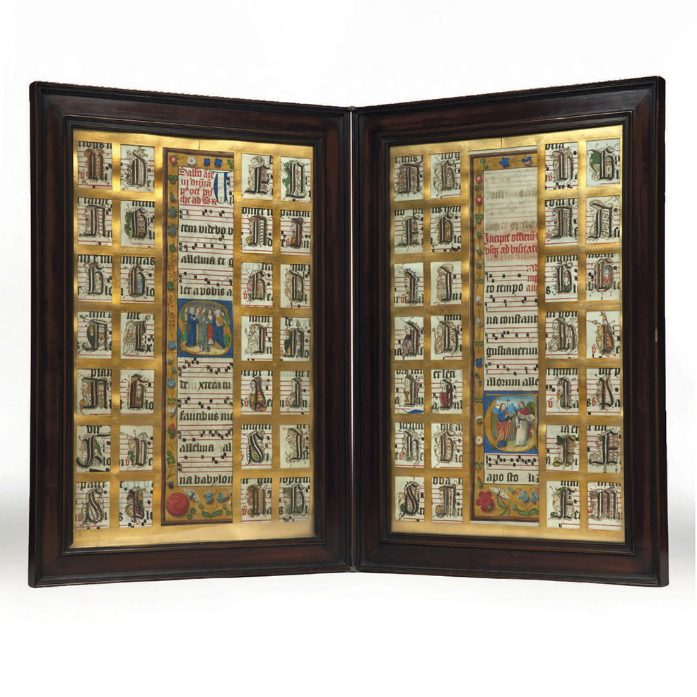 17 160 €Extraits d’un antiphonaire enluminé sur parchemin, Belgique, Bruges vers 1500-1515, montés en diptyque.Paris, Hôtel Drouot, 19 nov