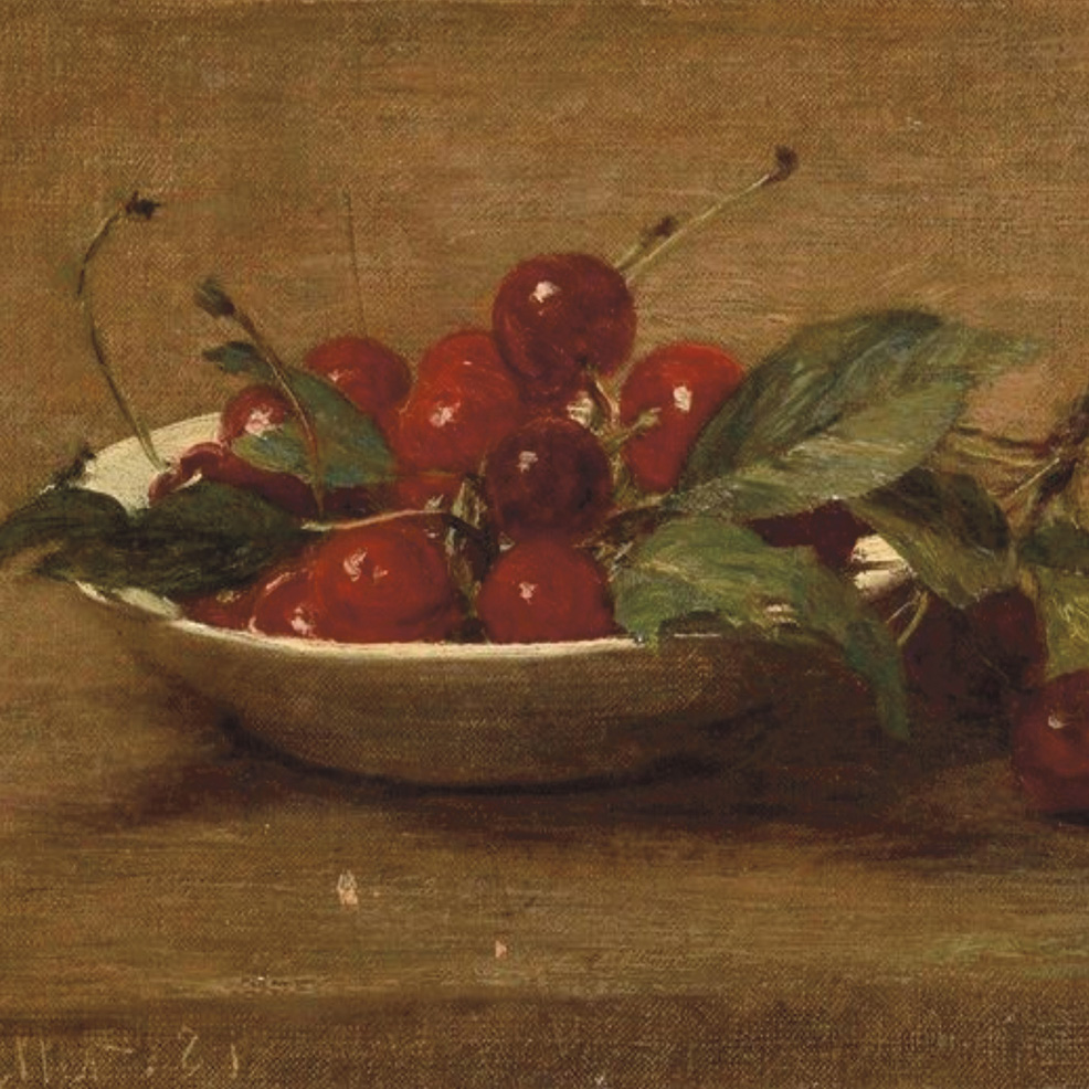 53 750 €Henri Fantin-Latour (1836-1904), Assiette de cerises, huile sur toile, datée 21 juillet 1881, 16 x 29,5 cm.Versailles, Hôtel des v