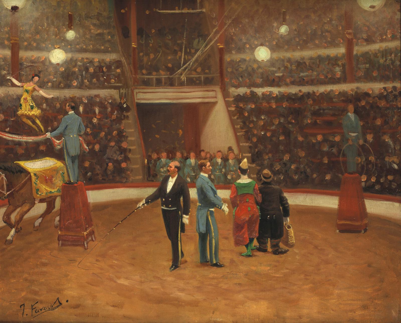 Joseph Faverot (1862-1918), Écuyères et clowns au cirque Medrano, huile sur toile, vers 1900, collection J. Y. et G. Borg. Photo : Yohann 