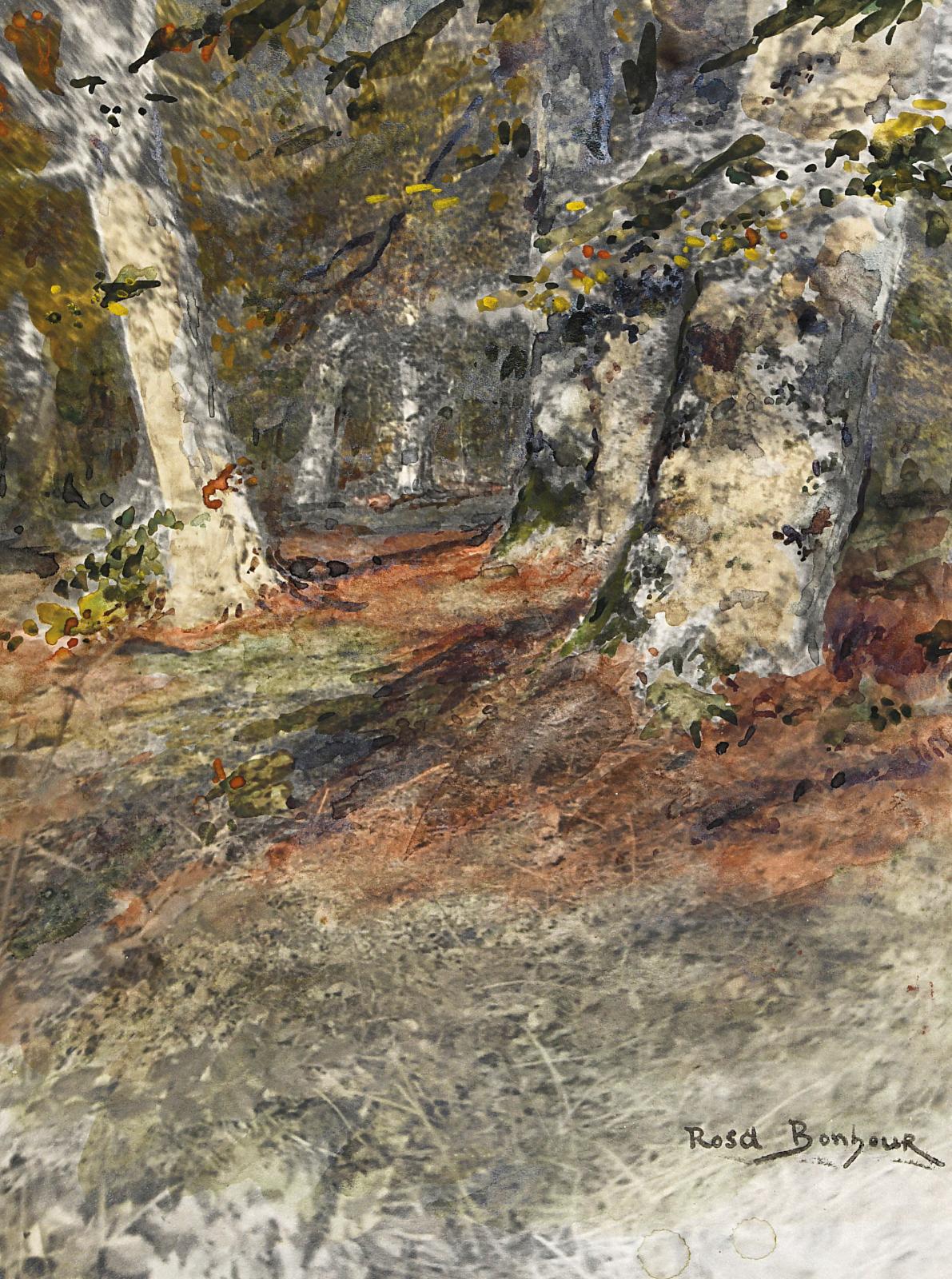 Rosa Bonheur, Un chemin de forêt à l’automne, aquarelle sur photographie, 26 x 20 cm (détail). © Archives du château Rosa Bonheur, By-Thom