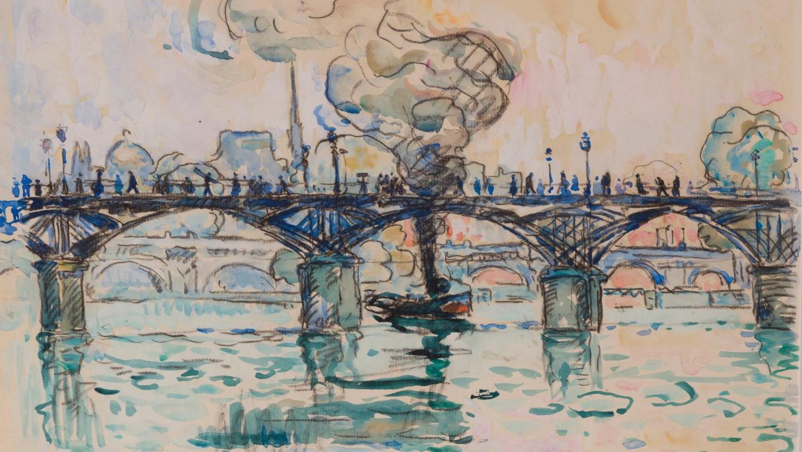 Paul Signac (1863-1935), Paris, le pont des Arts, 1910, aquarelle sur trait de fusain,... Le pont des Arts vu par Signac