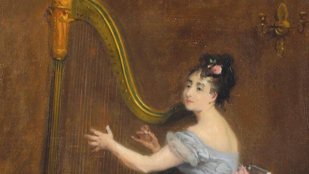 Eva Gonzalès (1849-1883), Joueuse de harpe, huile sur toile, vers 1873-1874, 41 x 27,5 cm.... La mère à la harpe, la fille aux pinceaux