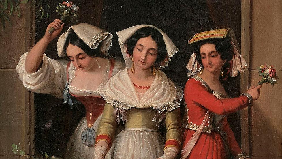 19 500 €Édouard Pingret (1785-1869), Les Trois Lanceuses de bouquets, d’une paire... Cote : le théâtre côté salle
