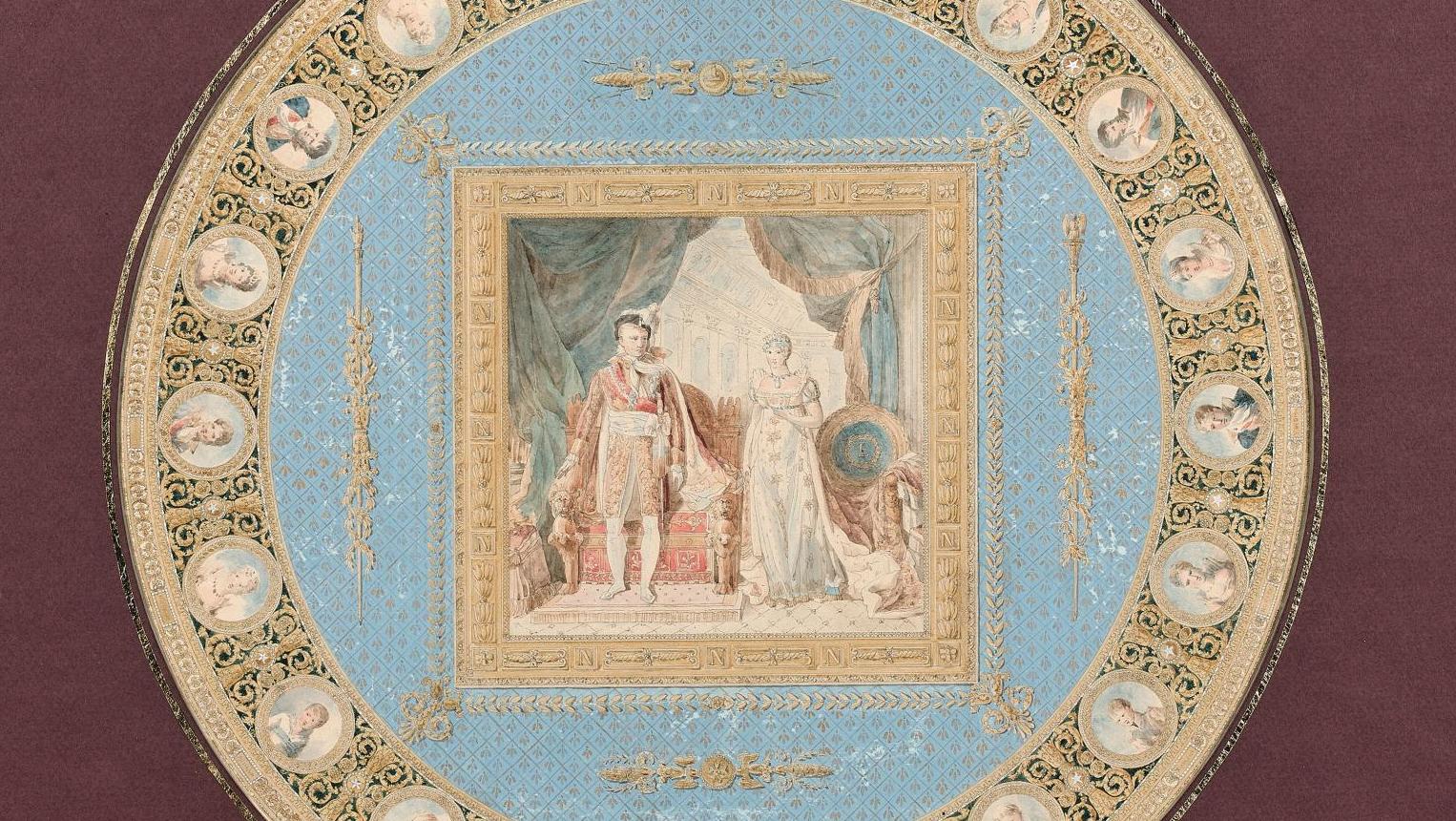 Jean-Baptiste Isabey (1767-1855), Projet pour Sèvres : la table de la famille impériale,... Un tableau de porcelaine dessiné par Jean-Baptiste Isabey