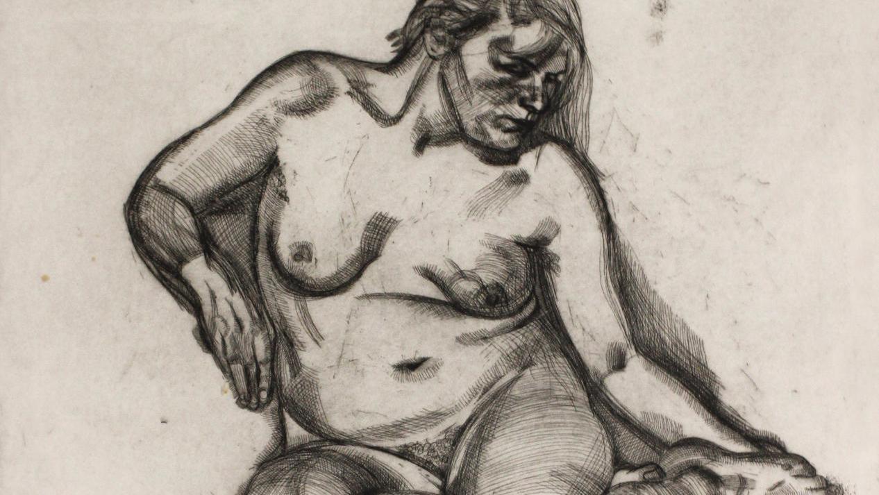 Lucian Freud (1922-2011), Femme nue assise tenant son pied, 1985, eau-forte, épreuve... Lucian Freud graveur, Joan Miró lithographe 
