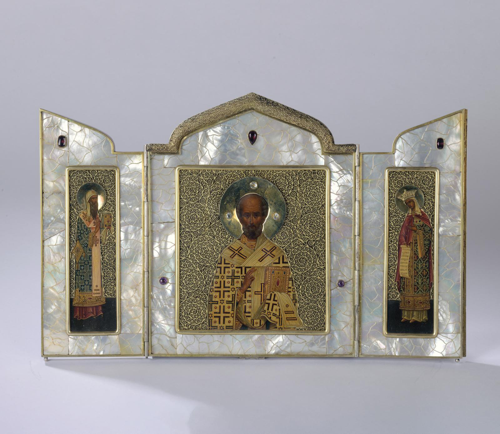 Moscow, 1908-1917, Kuzma Konov, probably for Olovyanishnikov & Sons. Imperial Icon, silver gilt and mother-of-pearl triptych depicting St.