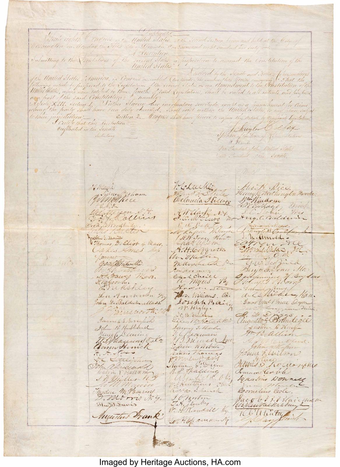 Original draft manuscript petition of the Thirteenth Amendment to the United States Constitution signed by over 109 members of Congress, 1