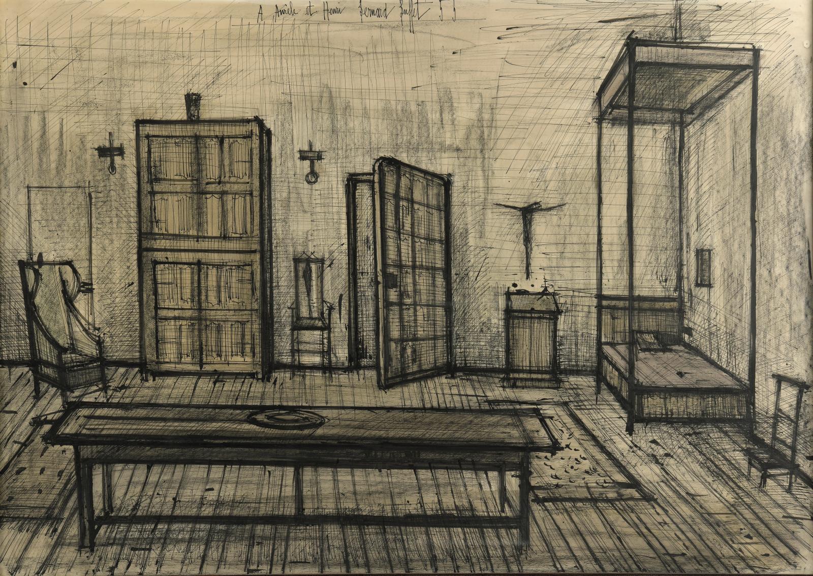 Bernard Buffet (1928-1999), Chambre gothique, villa Spontini, Paris, 1955, encre et fusain dédicacé à «Aurèle et Henri», 73,5 x 106,5 cm.E