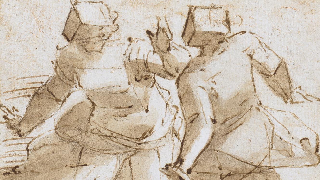 Luca Cambiaso (1527-1585), Deux figures animées en mouvement, plume, encre brune,... Le Salon du dessin fête ses 30 printemps à Paris 