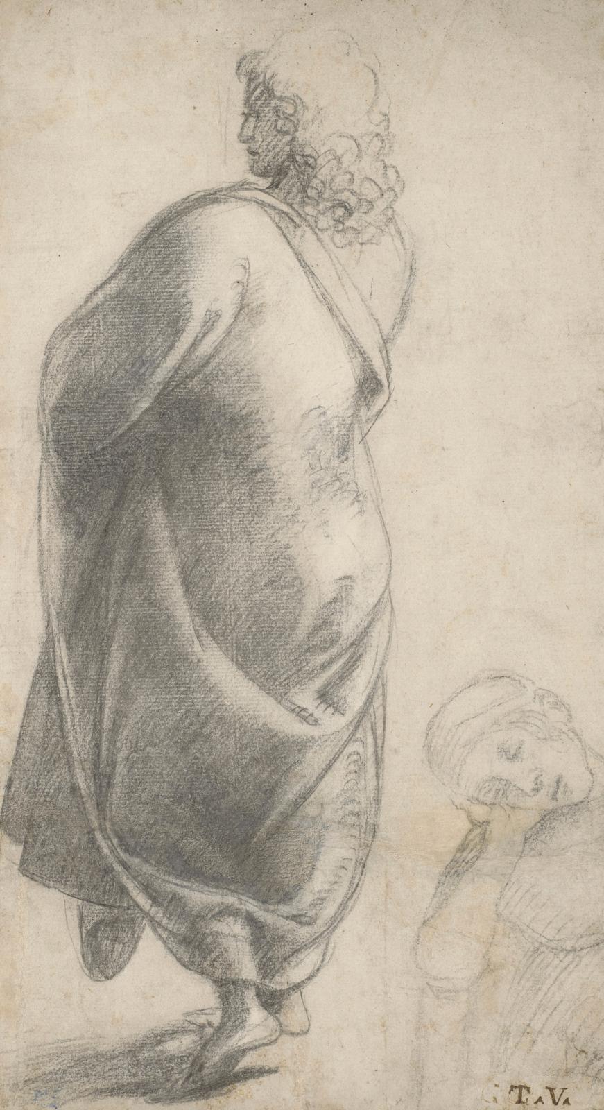 Luca Signorelli (1441-1523), Étude d’un jeune homme vêtu d’un drapé, vu de dos ; étude subsidiaire d’une jeune femme endormie, le visage a