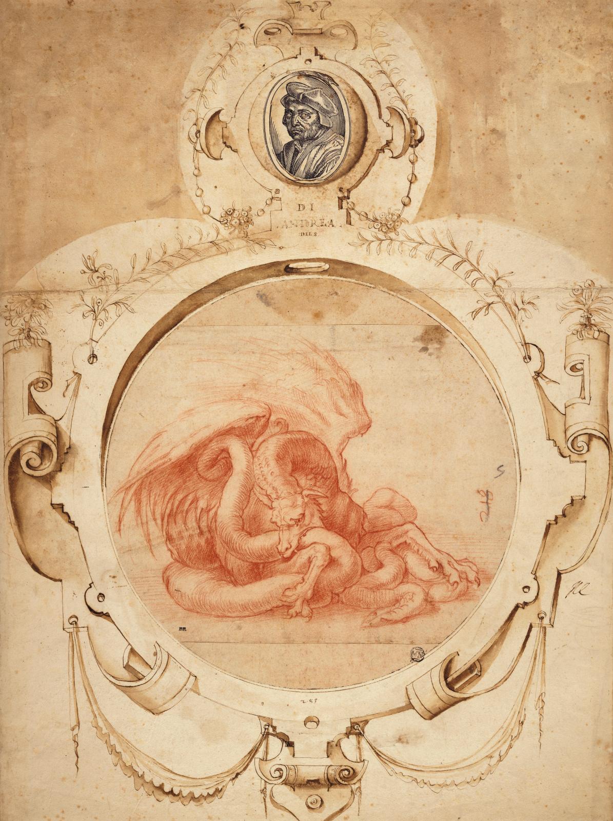 Andrea del Sarto (1486-1530), Dragon dévorant un serpent, sanguine, avec un portrait de l’artiste et collé sur un «montage Gaddi», 55,7 x 