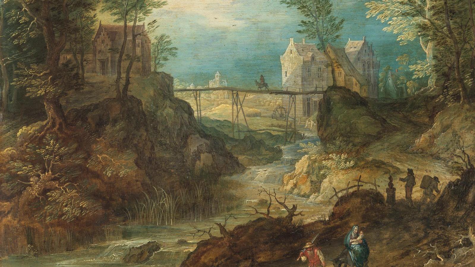 Jan Bruegel le Jeune (1601-1678), Paysage fluvial rocheux avec fuite en Égypte, vers... Virtuose du paysage 