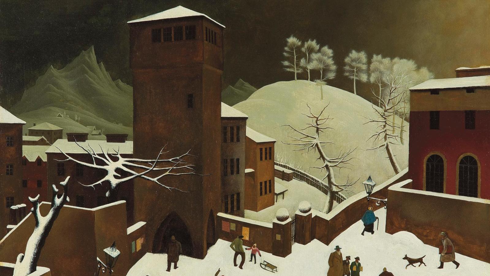 Franz Sedlacek (1891-1945), Paysage d’hiver avec une tour, 1933, huile sur bois,... Réalisme fantastique