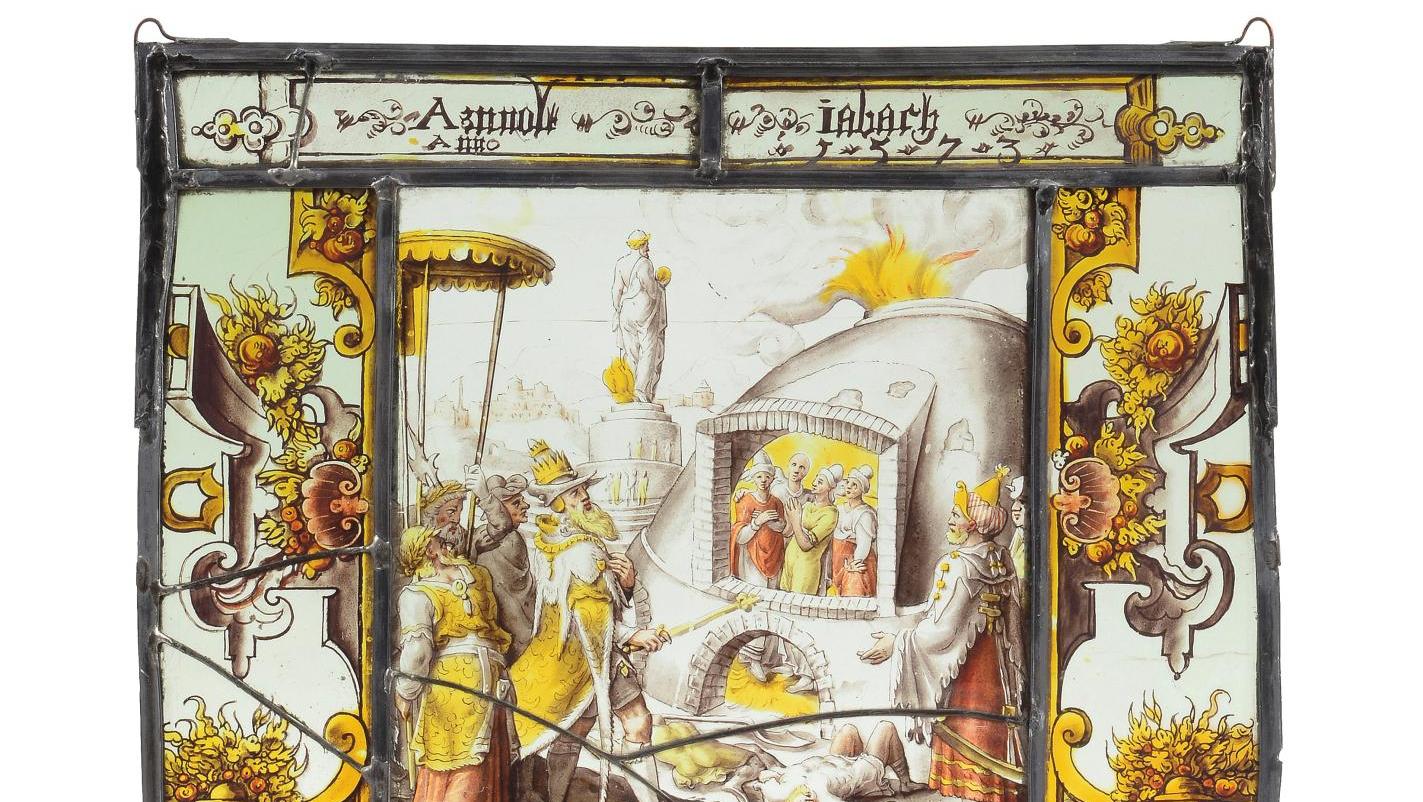 Trois Hébreux dans la fournaise, vitrail en grisaille, jaune d’argent et sanguine,... Fleurons de l’art du vitrail au XVe siècle