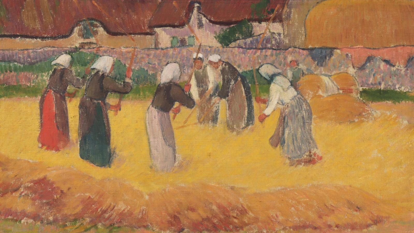Henry Moret (1856-1913), Batteuses au fléau ou Batteuses de blé, 1891, toile marouflée... Moret moissonne dans l’éternelle Bretagne
