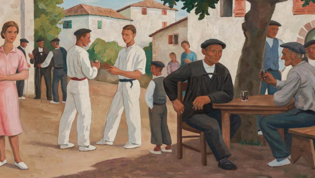 Ramiro Arrue (1892-1971), Place de village basque animée, vers 1940, huile sur toile... Dans les villages en fête avec Ramiro Arrue