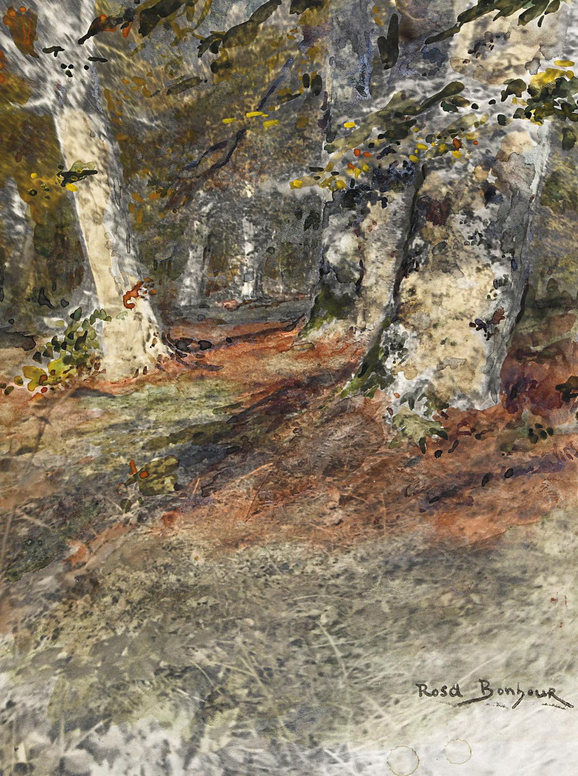 Rosa Bonheur, Un chemin de forêt à l’automne (A forest path in autumn), watercolor on photograph, 26 x 20 cm/10.24 x 7.87 in (detail).© Ar