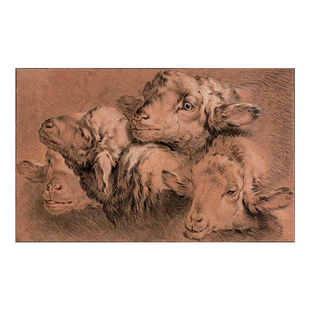 €4,445Jean-Baptiste Huet (1745-1811), Quatre têtes de moutons (Four Heads of Sheep), 1768, pierre noire, traces of red chalk, watercolor a