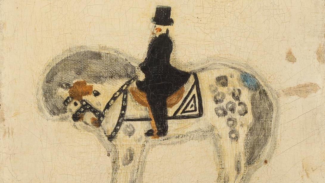 Sanyu (1895-1966), Le Maître de piste, Monsieur Loyal, à cheval, 1926, huile sur... Une toile de Sanyu, la plus ancienne répertoriée, sort de son coffre-fort