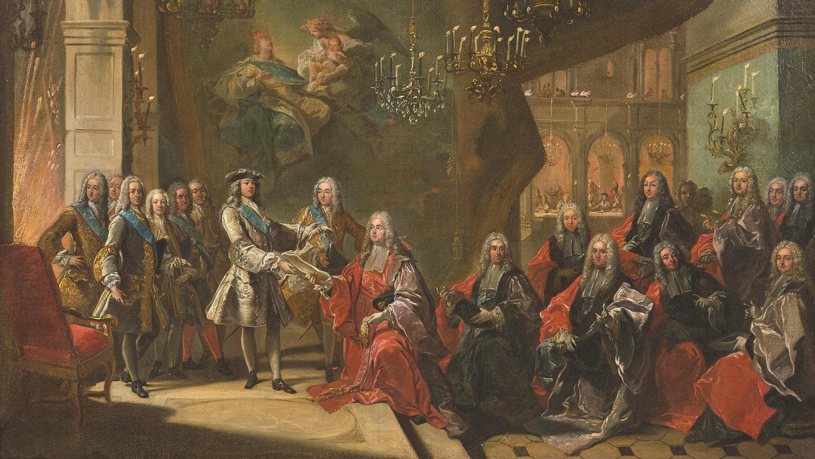 Jean-Baptiste Van Loo (1684-1745), Louis XV recevant le corps des échevins de Paris... Van Loo : la naissance tant attendue du Dauphin, fils de Louis XV