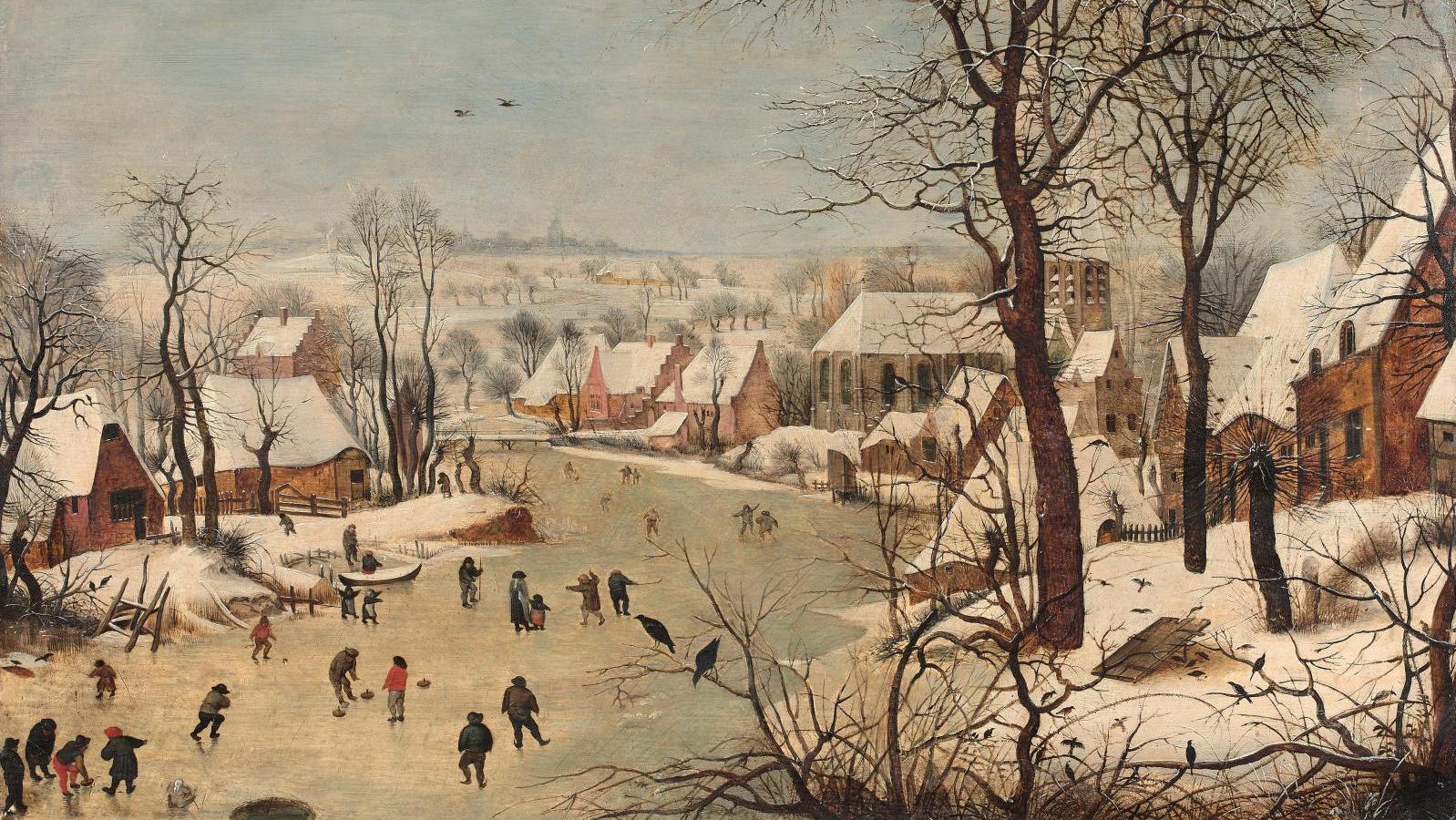 Pierre Bruegel le Jeune (1564/1565-1636), La Trappe aux oiseaux, huile sur panneau,... De père en fils, les plaisirs de l’hiver en Flandres