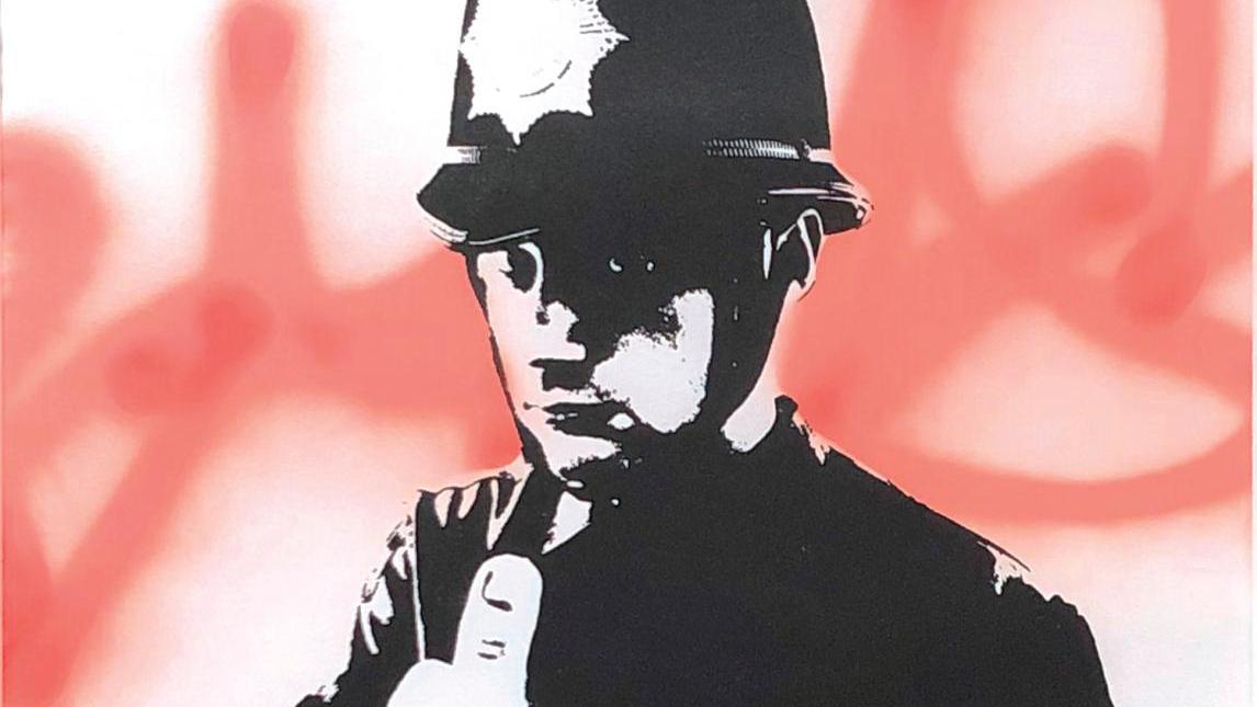 Banksy (né en 1975), Rude Copper, peinture aérosol et sérigraphie en noir sur papier... L’honneur de la police selon Banksy