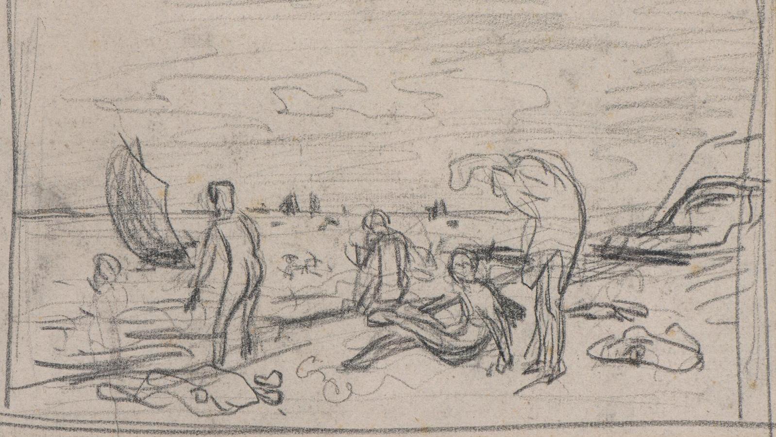 Frédéric Bazille (1841-1870), Baigneurs sur une plage, 1864 ou 1869, crayon noir,... Collection Focillon-Baltrusaitis, icônes de l’art