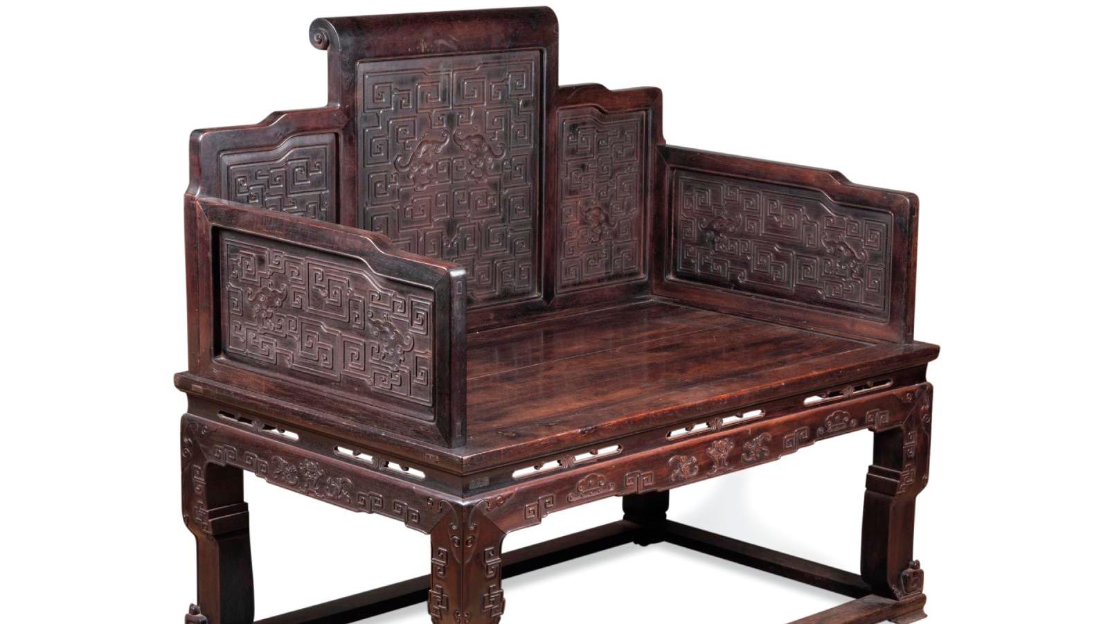 China, 19th century, imperial throne in zitan, stepped backrest carved on each side... A Throne from China