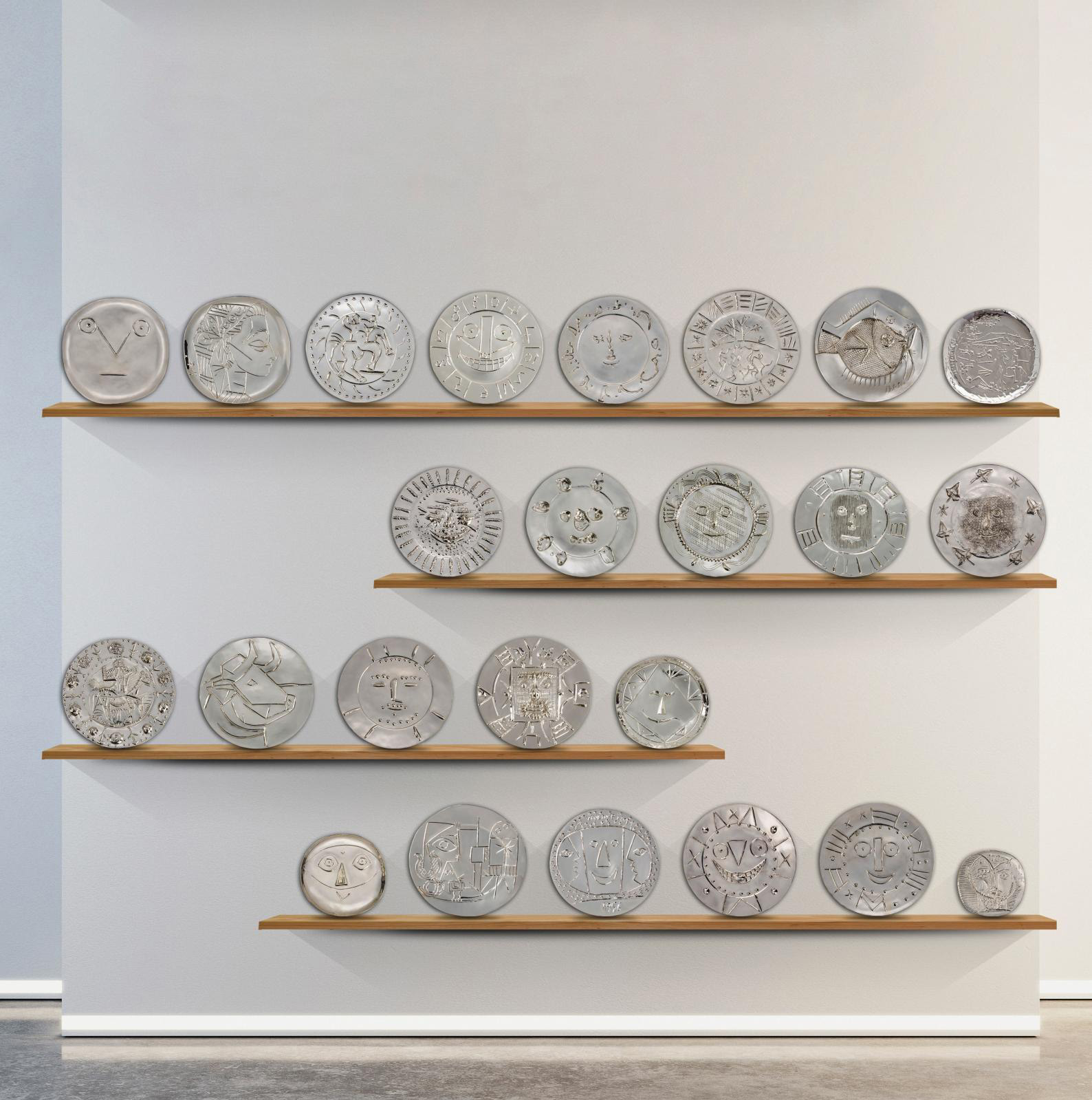 Pablo Picasso, François Hugo, complete set of 24 repoussé silver plates, limited edition, designed in 1955-1956, on each plate the stamp o
