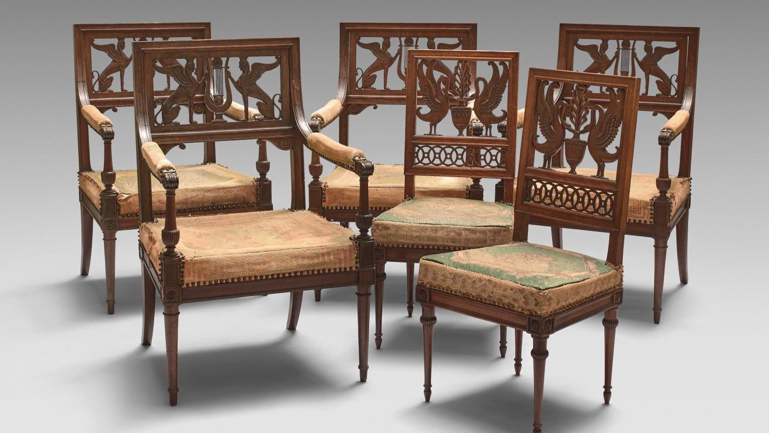 Georges Jacob (1739-1814), quatre fauteuils à dossiers ajourés, sculptés de sphinges... Les sièges de Beaumarchais, un écrivain « heureux dans mon intérieur » 