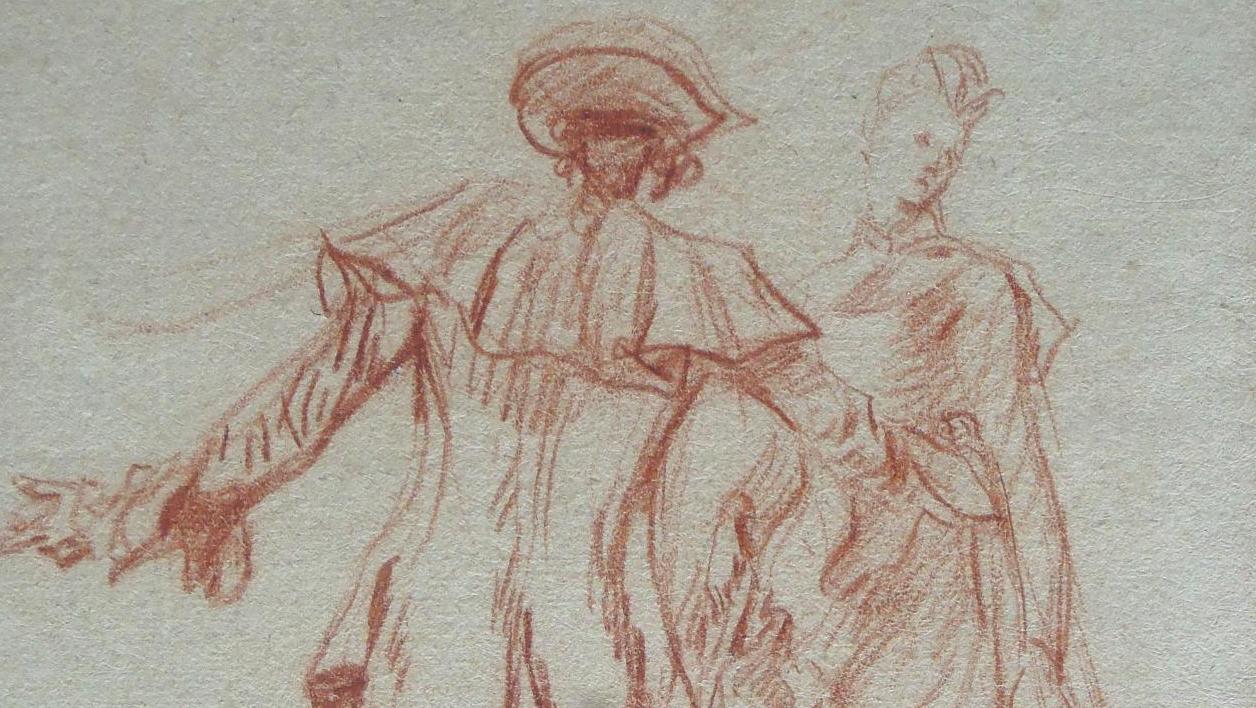 Jean-Antoine Watteau (1684-1721), Étude pour les deux figures centrales de «L’Embarquement... Watteau : embarquement immédiat pour Cythère 