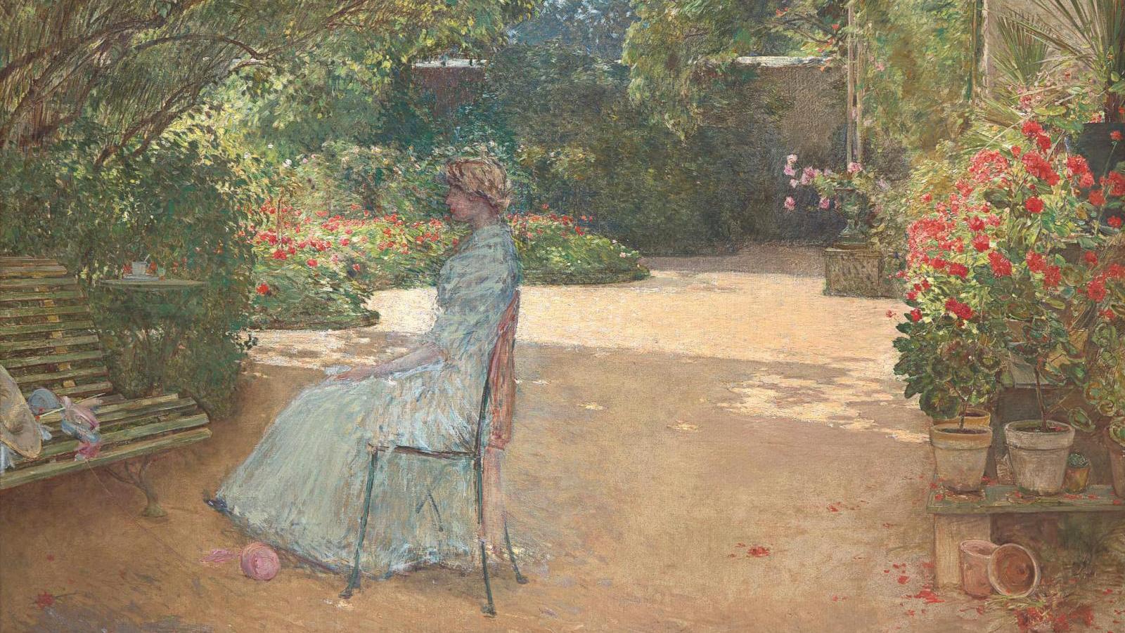Childe Hassam (1859-1935), Mme Hassam dans son jardin, Villiers-le-Bel, signé et... Childe Hassam à Paris