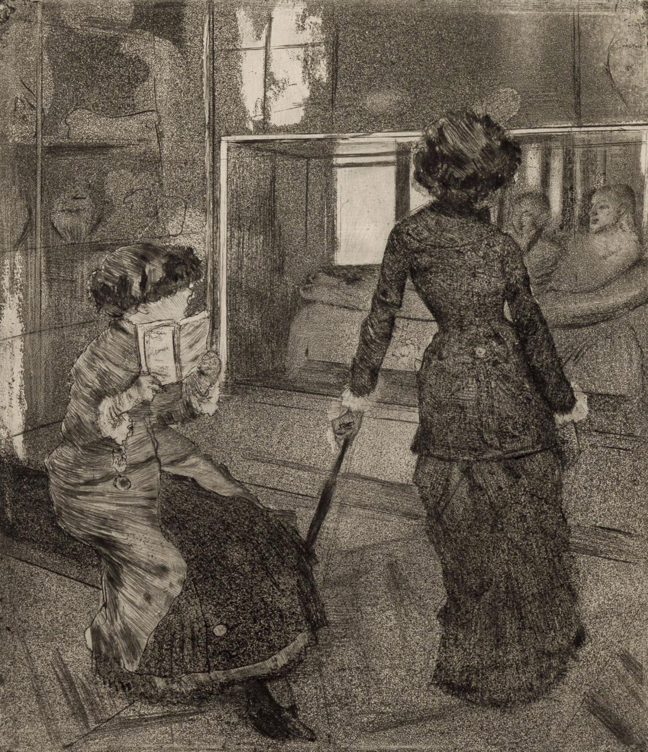 Edgar Degas (1834-1917), Mary Cassatt at the Louvre: The Etruscan Gallery, c. 1879-1880, etching, drypoint and aquatint on cream laid pape