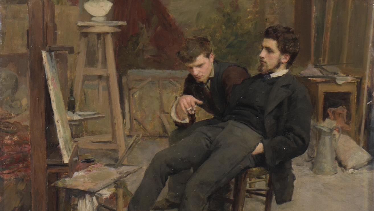 Émile Friant (1863-1932), L’Intérieur d’atelier, 1882, huile sur panneau signée,... Émile Friant, un artiste précoce