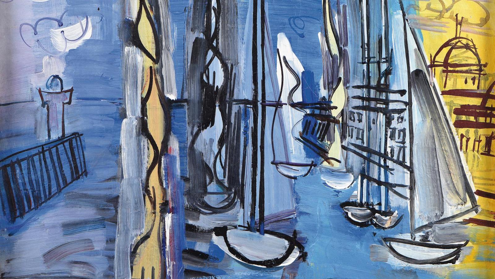 Raoul Dufy (1877-1953), Bateaux bleus, vers 1950, avec envoi «à Freddy», huile sur... Les trésors modernes d’une collection normande