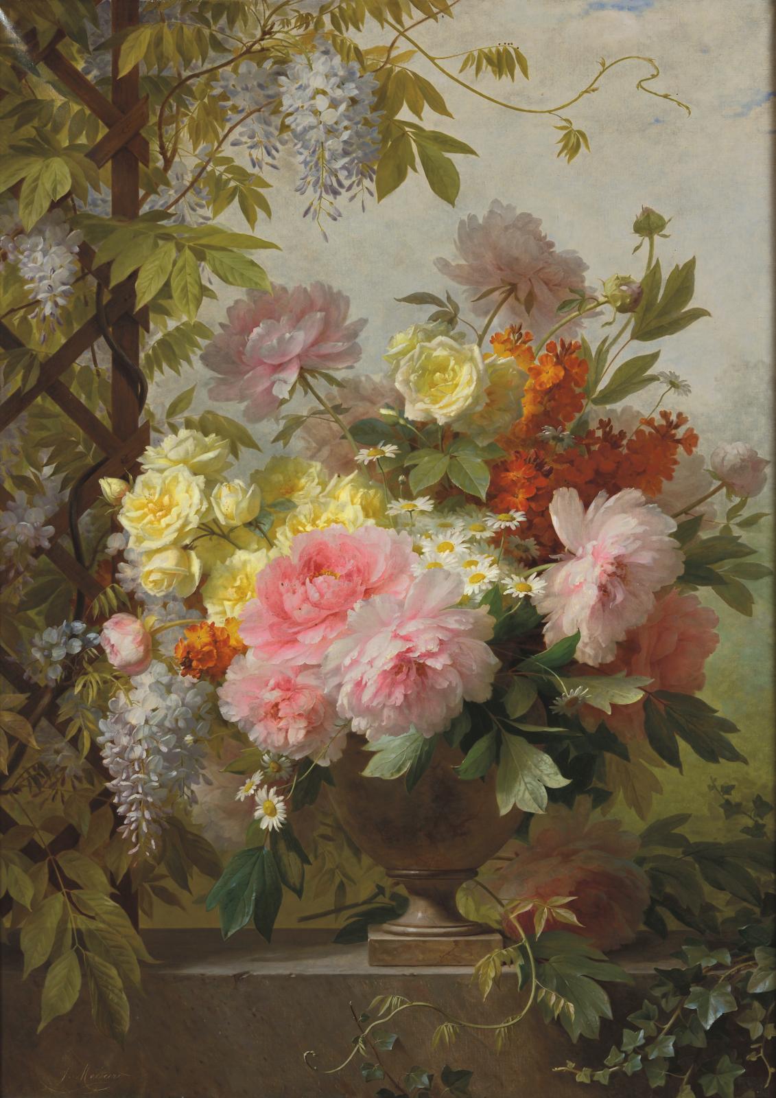 Jules-Ferdinand Médard (vers 1855-1925), Grand bouquet de pivoines dans un vase en albâtre, huile sur toile signée, 130 x 92 cm. Adjugé : 