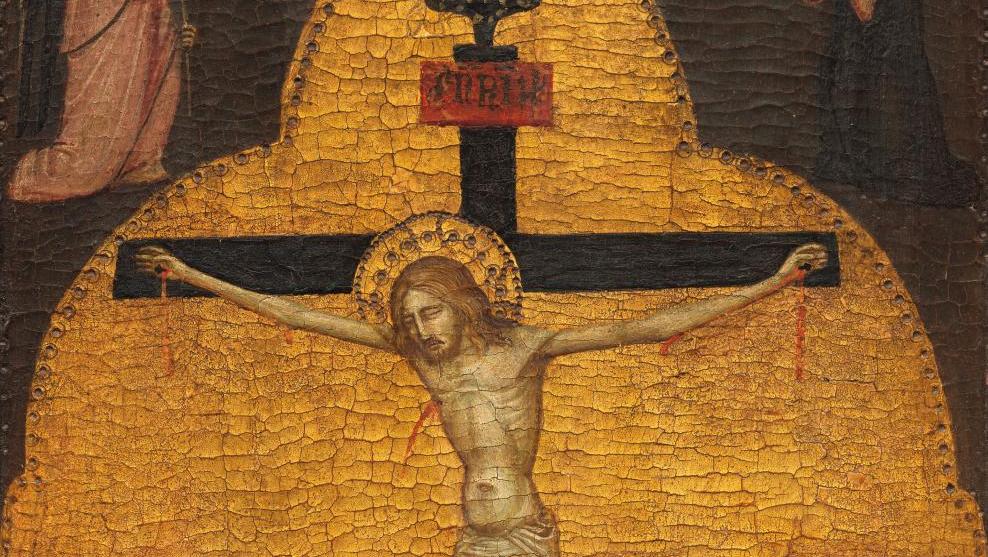 Attribué à Bernardo Daddi (vers 1290-1348), Le Christ en croix avec la Vierge Marie,... Une crucifixion florentine de Bernardo Daddi 