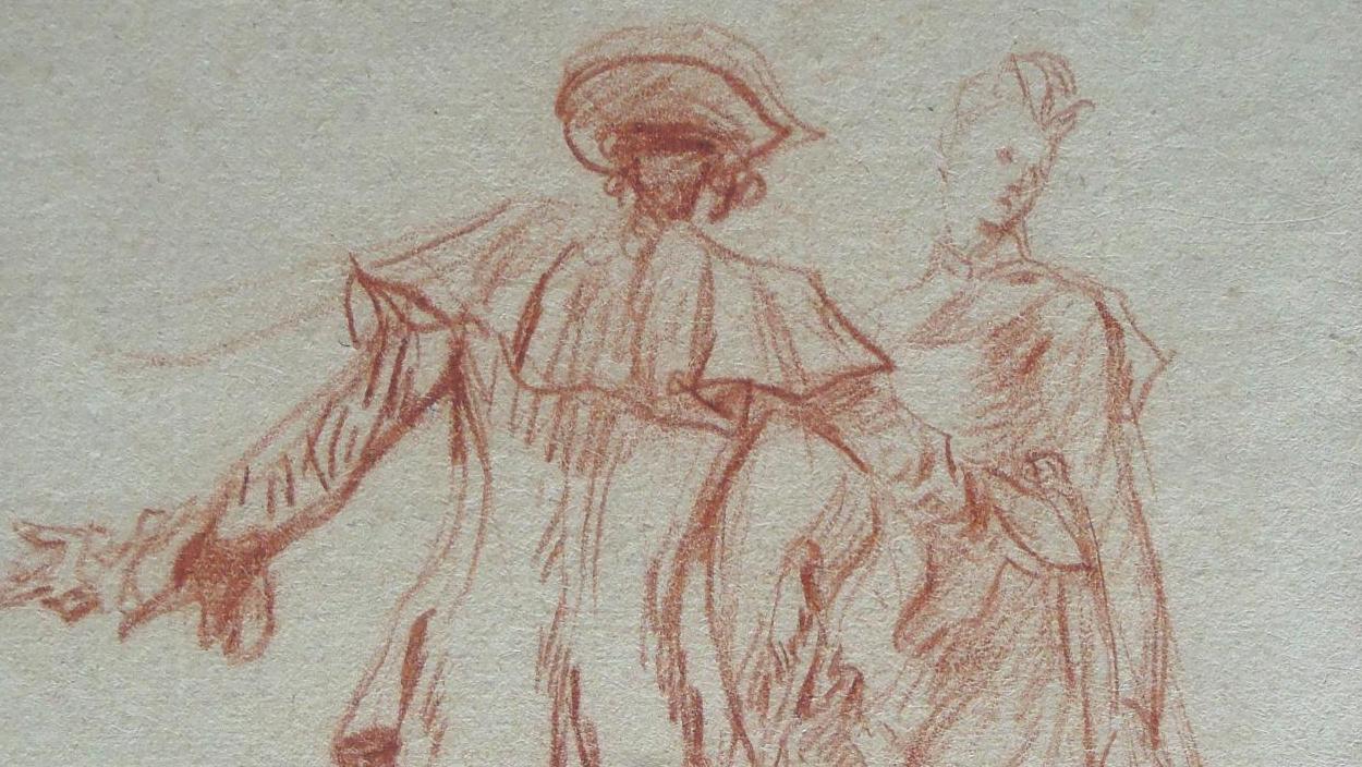 Jean-Antoine Watteau (1684-1721), Study for the two central figures of “The Embarkation... Now Embarking for Cythera with a Drawing by Watteau