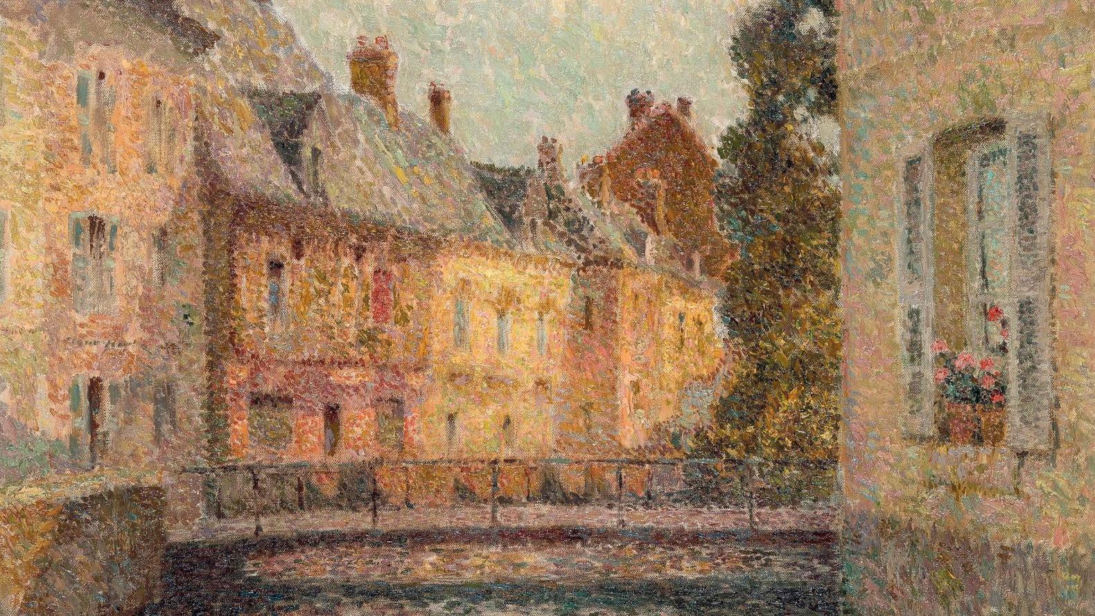 Henri Le Sidaner (1862-1939), The Canal, Sun, Gisors (Houses on the River), 1913,...  Henri Le Sidaner in Gisors