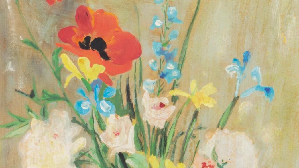 Lé Phô (1907-2001), Bouquet de pivoines, coquelicot, huile sur soie contrecollée... Des fleurs offertes par Lé Phô