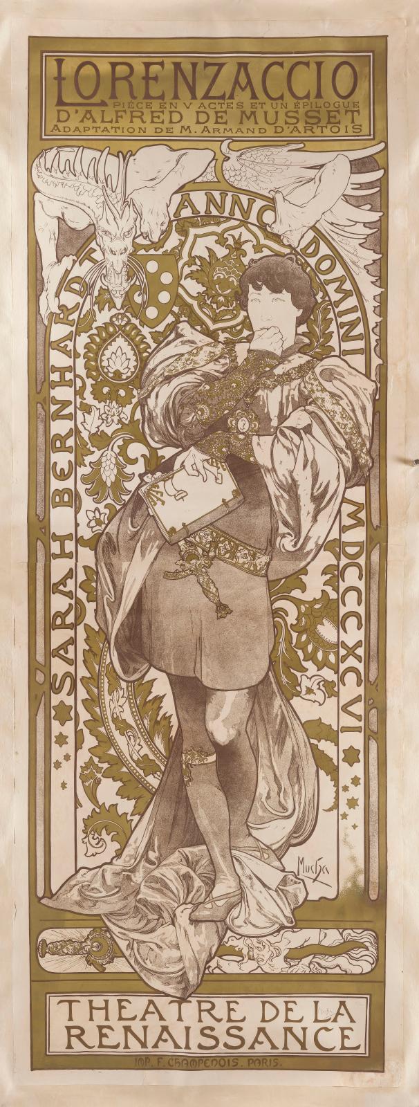 Œuvre parmi les plus connues d’Alfons Mucha (1860-1939), son affiche de 1896 pour Lorenzaccio (207 x 77 cm) d’Alfred de Musset, pièce en c