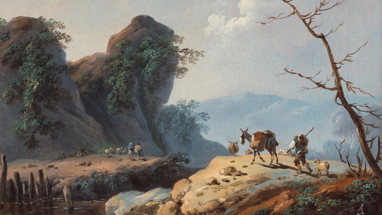 Jean-Baptiste Pillement (1728-1808), Un berger et son troupeau près d’un fleuve,... En balade avec Jean-Baptiste Pillement