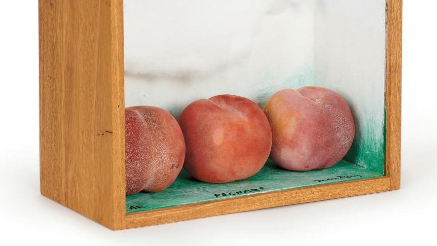 Man Ray (1890-1976), Pêchage, 1969, painted wooden box, three artificial peaches and... Man Ray: An Unidentified Surrealist Object 