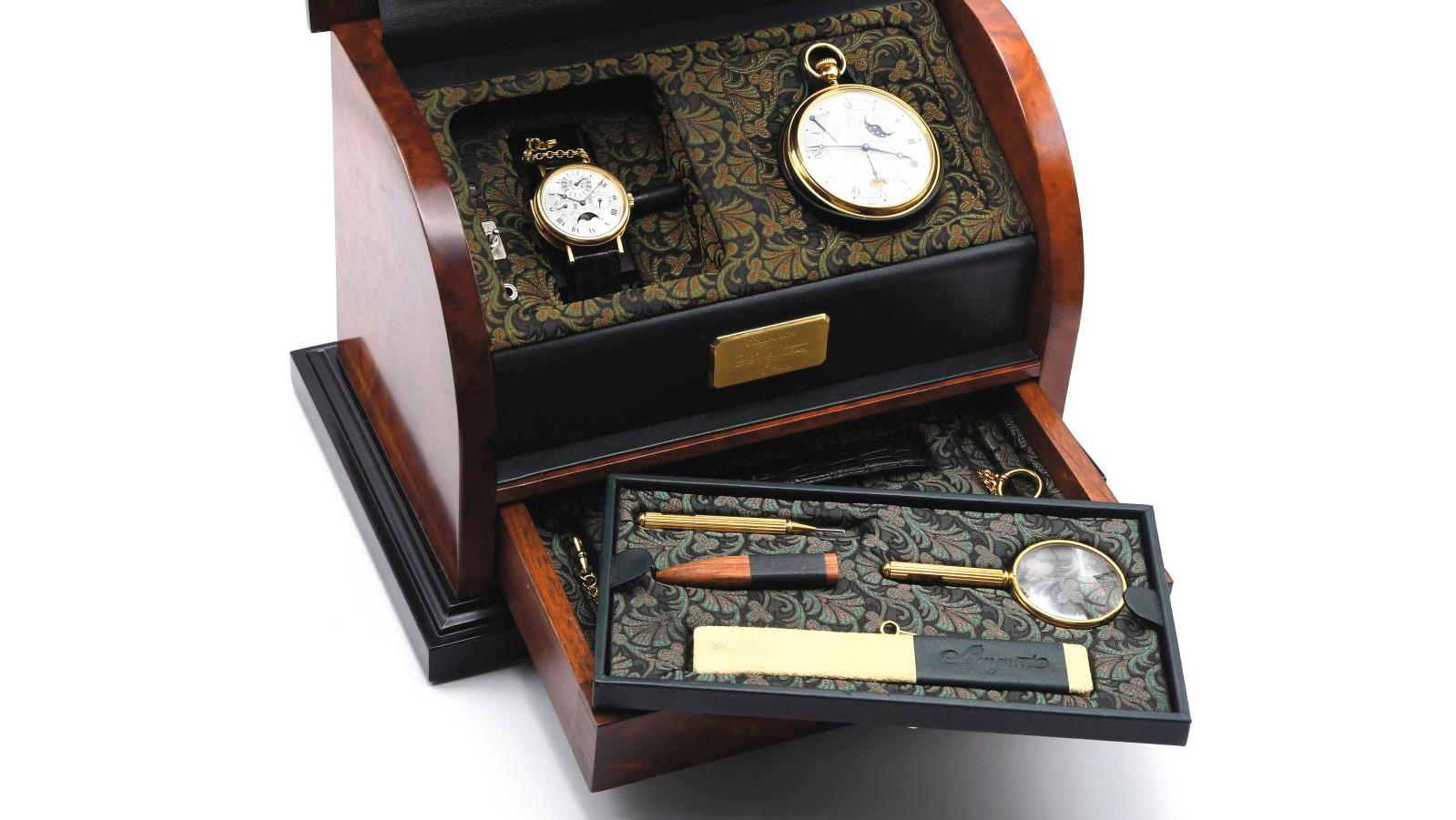 Breguet, Breguet subscription box, c. 1991, no. 44, hazelnut root, upholstered with... Luxury Watches by Breguet and Mido 