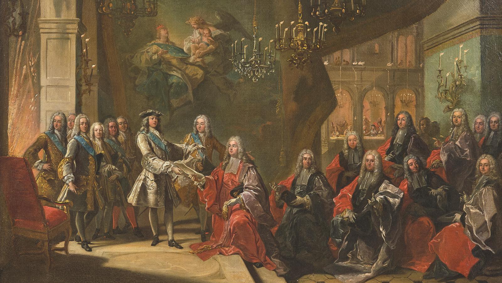 Jean-Baptiste Van Loo (1684-1745), Louis XV recevant le corps des échevins de Paris,... Royale réception avec Jean-Baptiste Van Loo